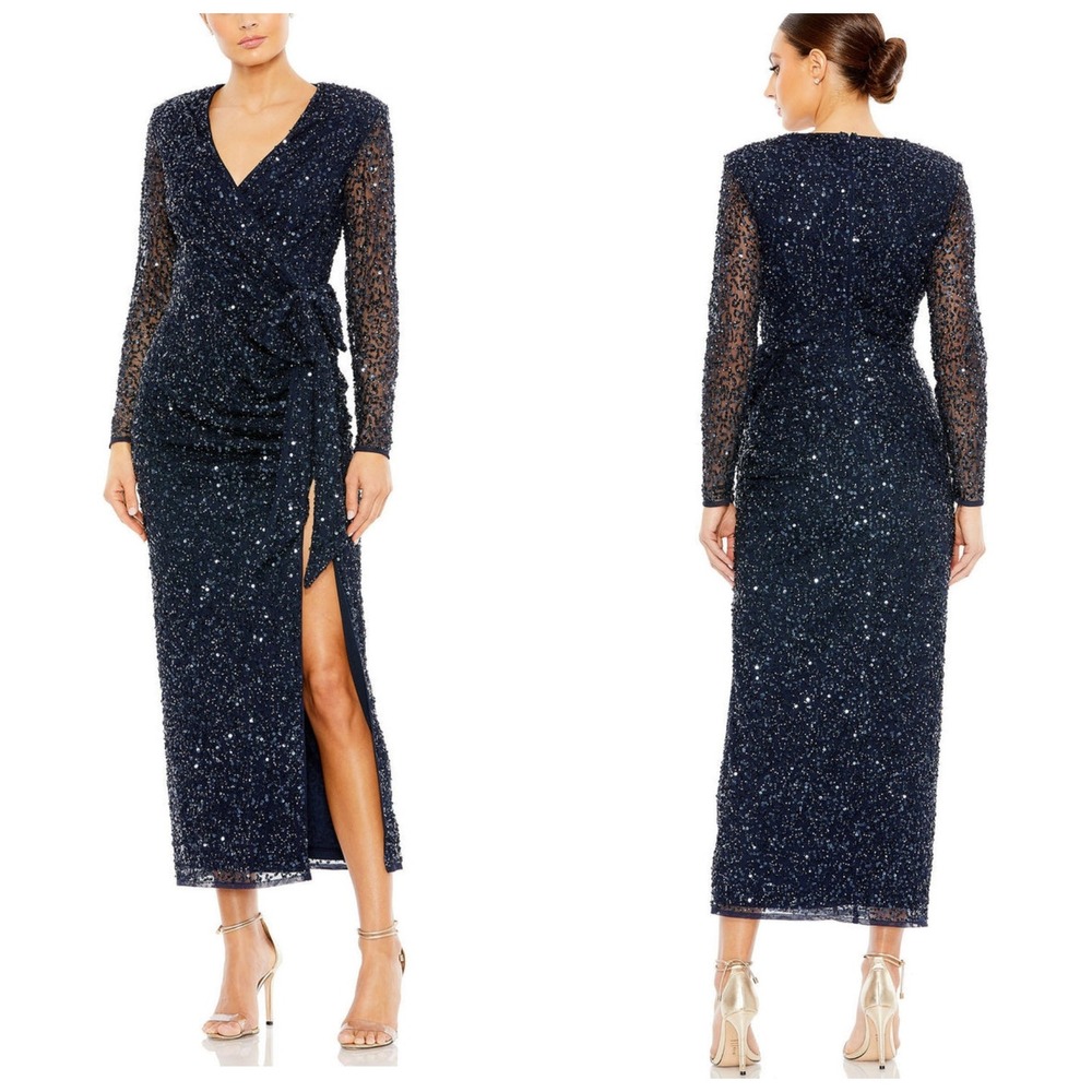 Mac Duggal full Sequin bow Midi Gown Navy Blue Long‎ Sleeve Slit Dress 4 formal